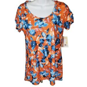Lularoe Women's XS Shirt Orange Blue Floral/ Flowers Short Sleeves Top NWT